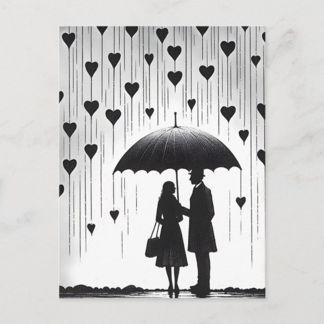 Couple Standing under Umbrella, Heart-Shaped Rain Postcard (Front)