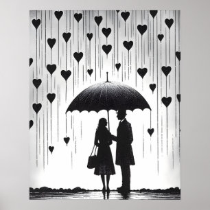 Couple Standing under Umbrella, Heart-Shaped Rain Poster