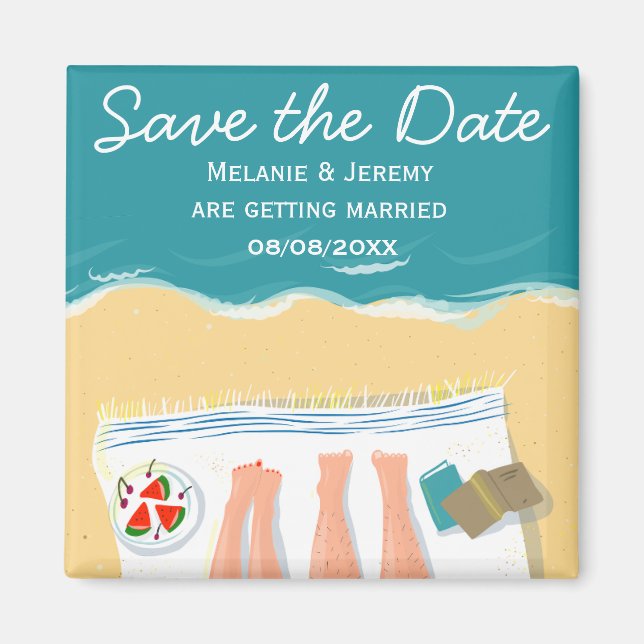 Couple Sunbathing on Beach Custom Save the Date Magnet (Front)