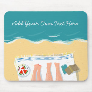 Couple Sunbathing on Beach Custom Text Holiday Mouse Mat