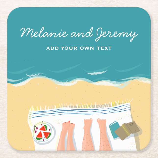 Couple Sunbathing on Beach Personalised  Square Paper Coaster (Front)