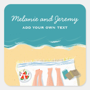 Couple Sunbathing on Beach Personalised  Square Sticker