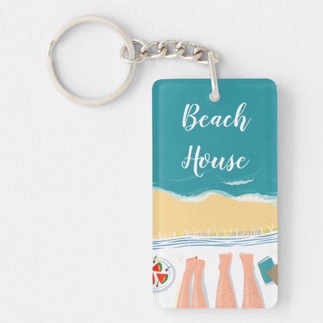 Couple Sunbathing Seaside Illustration Beach House Key Ring (Front)