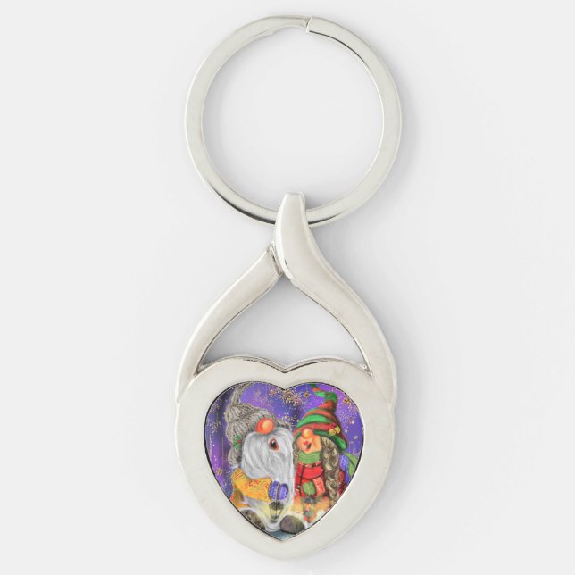 Couple Sweet Gnomes Singing Happy Christmas Song  Key Ring (Front)