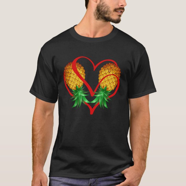 Couple Swinger Upside Down Pineapple with Red Hear T-Shirt (Front)