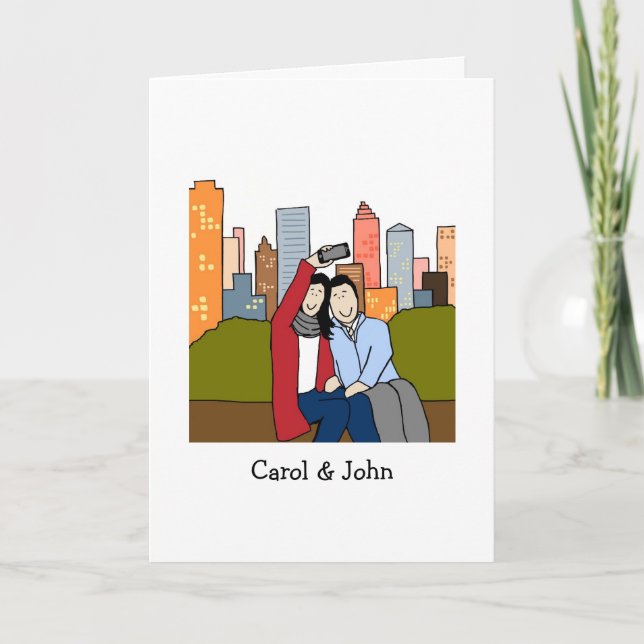 Couple taking selfie- personalised cartoon card (Front)