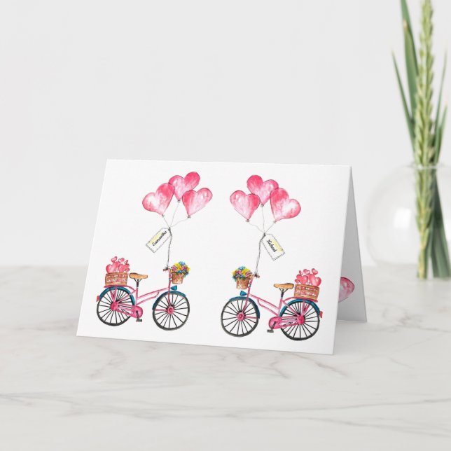 Couple Valentine Pink Blue Bike Balloon Heart Love Holiday Card (Front)