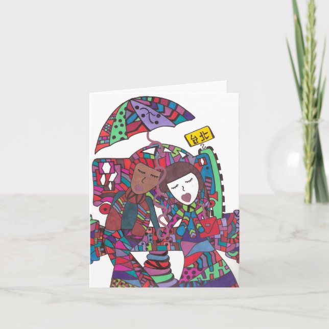 couple waiting for the bus on a note card (Front)