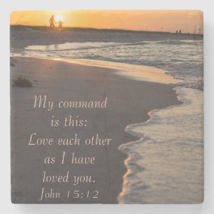 Couple Walking Beach At Sunrise John 15 12 Stone Coaster