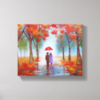 Couple walking in a forest autumn rainy day