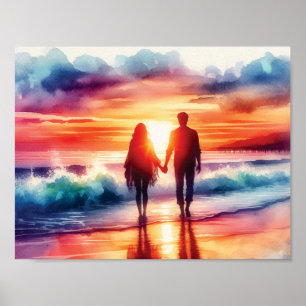 Couple Walking On Beach Poster