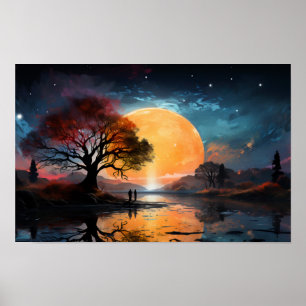 Couple watching the Sun by the lake Poster