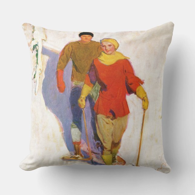 Couple Wearing Snowshoes by McClelland Barclay Cushion (Front)