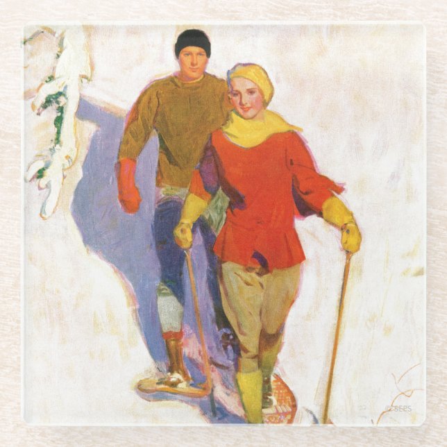 Couple Wearing Snowshoes by McClelland Barclay Glass Coaster (Front)