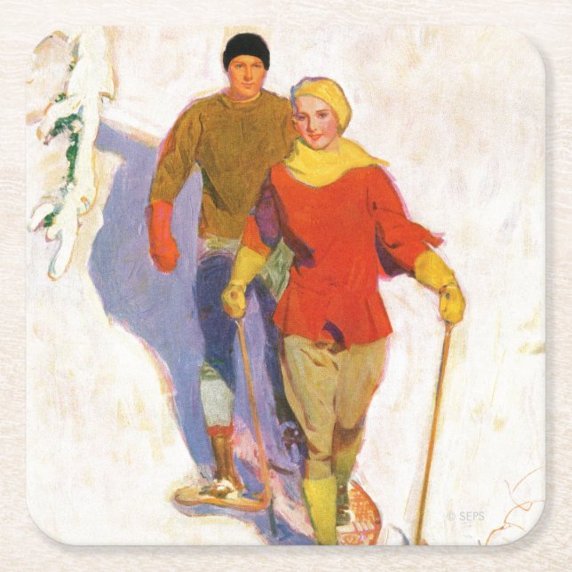 Couple Wearing Snowshoes by McClelland Barclay Square Paper Coaster (Front)