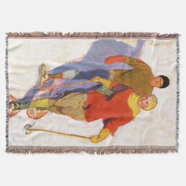Couple Wearing Snowshoes by McClelland Barclay Throw Blanket (Front)