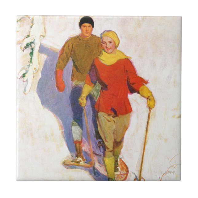 Couple Wearing Snowshoes by McClelland Barclay Tile (Front)