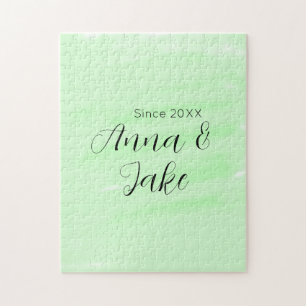 Couple wedding name date green watercolor pastel l jigsaw puzzle