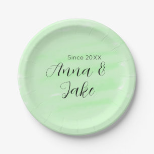 Couple wedding name date green watercolor pastel l paper plate