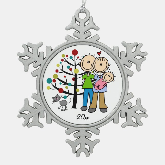 Couple With Baby Girl and Cat  Snowflake Ornament (Front)