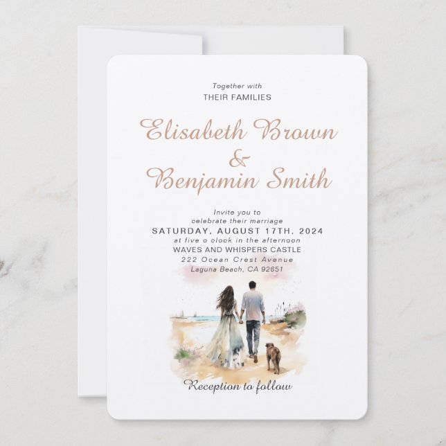 Couple with Dog Watercolor Template Wedding Invite (Front)