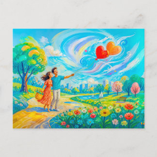 Couple with heart balloons in windy park postcard