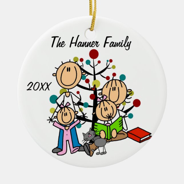 Couple With Two Girls, Cat Custom Holiday Ornament (Front)