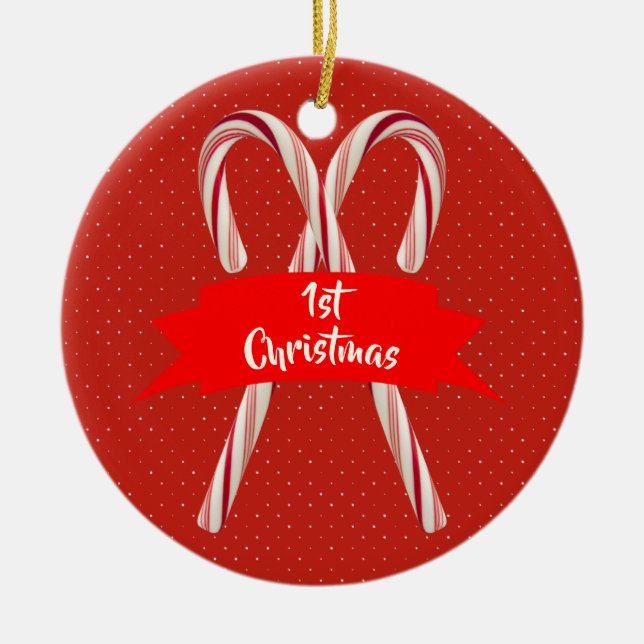 Couples 1st Christmas Candy Canes Names Ceramic Tree Decoration (Front)
