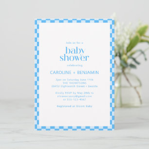 Couples Baby Shower All in One Blue Check Retro Invitation