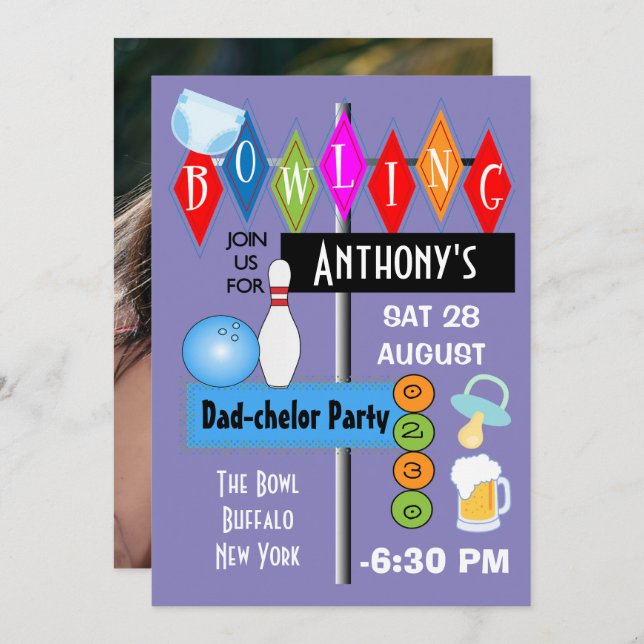 Couples Baby Shower Dad-chelor Retro Bowling Party Invitation (Front/Back)