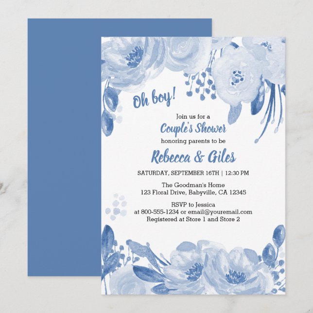Couples Baby Shower Dusty Blue Floral Watercolor Invitation (Front/Back)