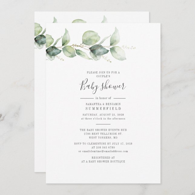 Couples Baby Shower Eucalyptus Greenery Foliage Invitation (Front/Back)