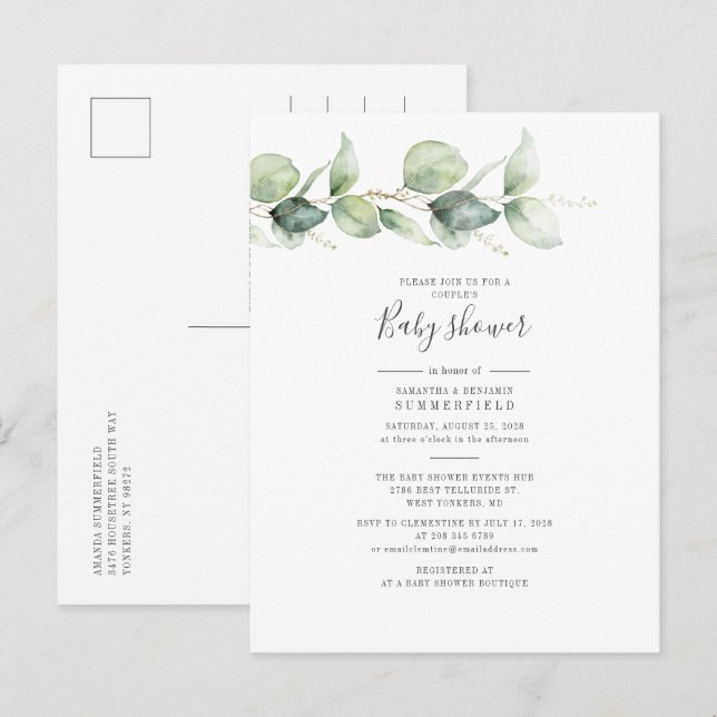 Couples Baby Shower Eucalyptus Greenery Leaves Invitation Postcard (Front/Back)