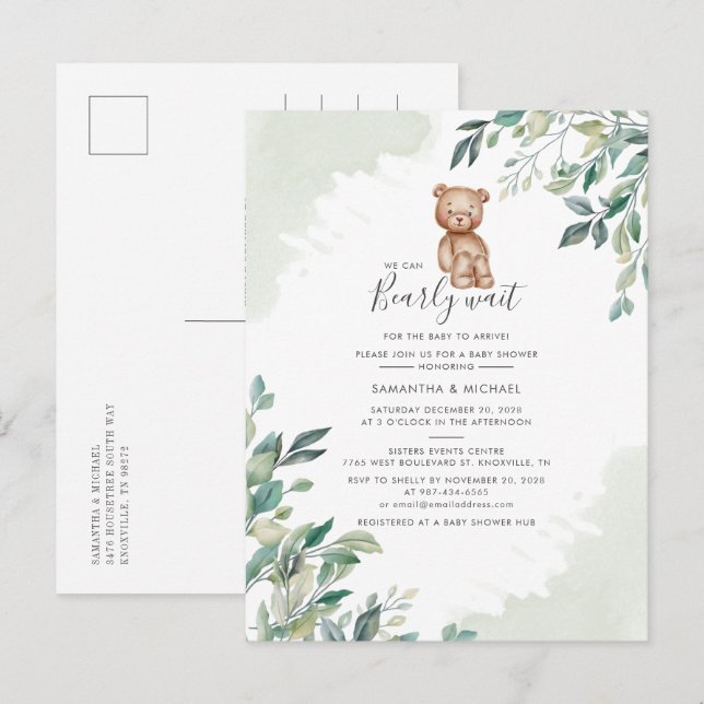 Couples Baby Shower Eucalyptus Greenery Script Invitation Postcard (Front/Back)
