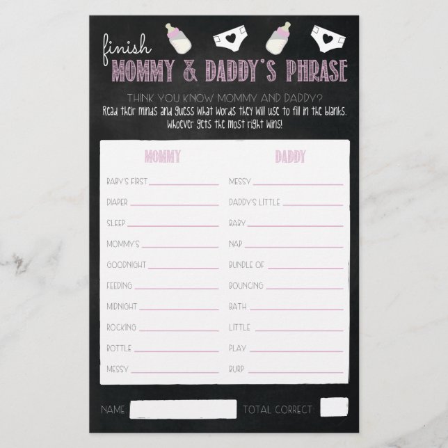 Couples Baby Shower Game Cards (Front)