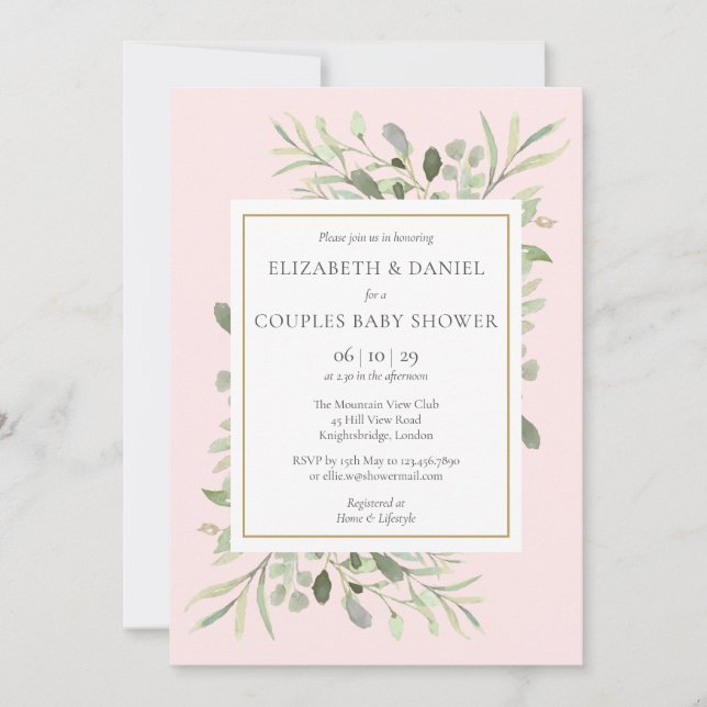 Couples Baby Shower Girl Pink Eucalyptus Greenery Invitation (Front)