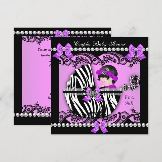 Couples Baby Shower Girl Zebra Purple Invitation (Front/Back)