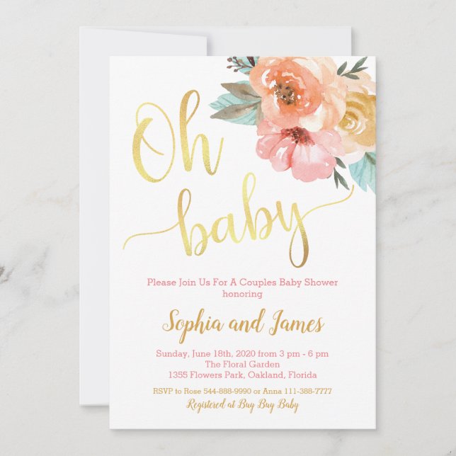 Couples Baby Shower Invitation, Floral Baby Shower Invitation (Front)