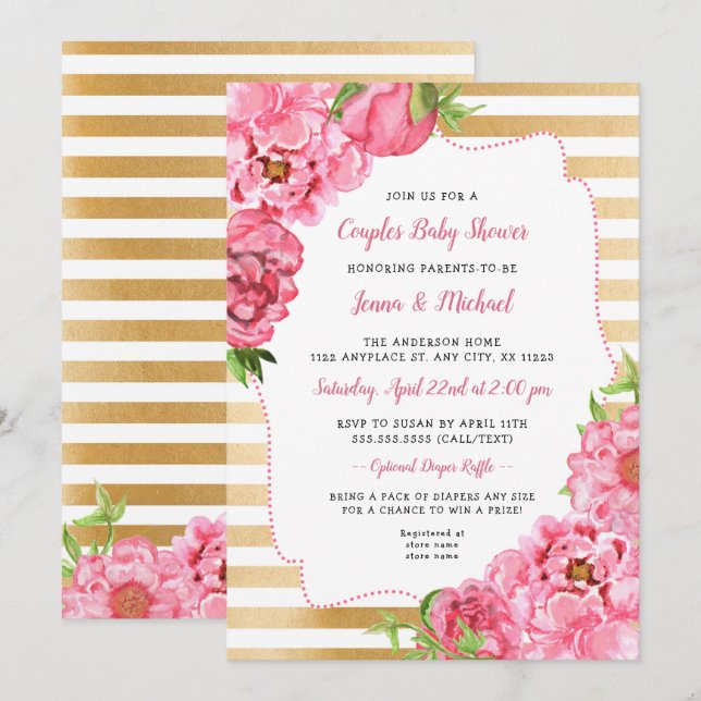 Couples Baby Shower Invitation, girl pink gold Invitation (Front/Back)