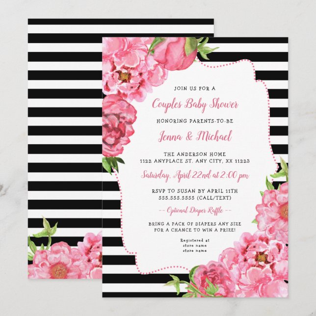 Couples Baby Shower Invitation, pink black floral Invitation (Front/Back)