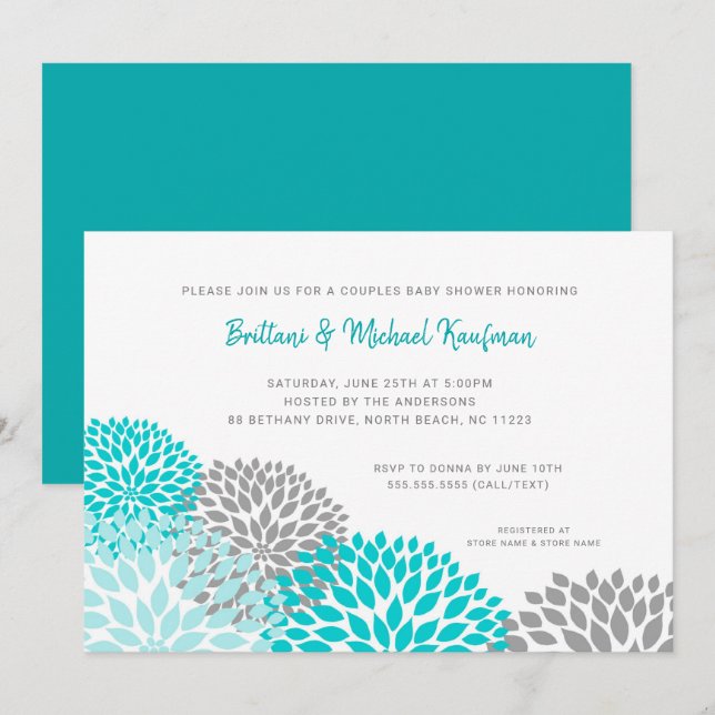 Couples Baby Shower Invitation, turquoise grey Invitation (Front/Back)