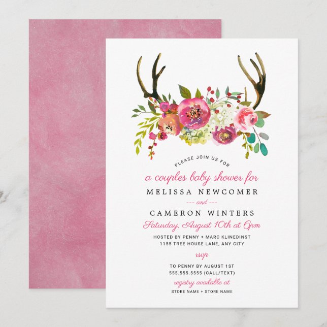 Couples Baby Shower, pink floral antlers invites (Front/Back)