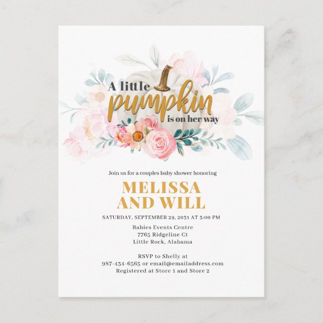 Couples Baby Shower Pumpkin Watercolor Floral Invitation Postcard (Front)
