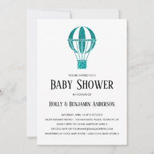 Couples Baby Shower Teal Glitter Hot Air Balloon Invitation