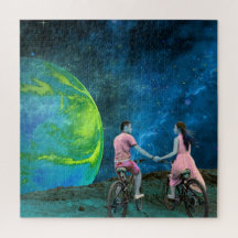 Couples Bicycle Ride on Moon Outer Space