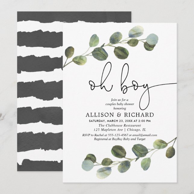 Couples boy baby shower eucalyptus greenery modern invitation (Front/Back)