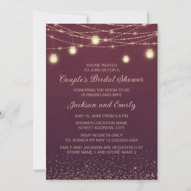 Couple's Bridal Shower Burgundy Gold String Light Invitation (Front)
