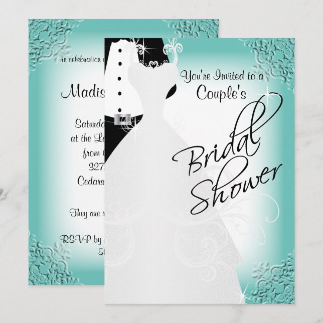 Couple's Bridal Shower in an Elegant Teal Invitation (Front/Back)