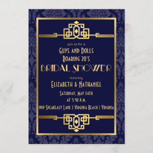 Couples' Bridal Shower Roaring 20s Art Deco Blue Invitation