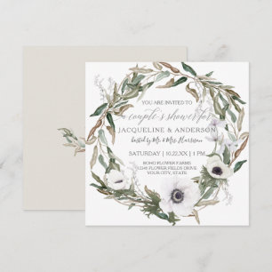 Couples Bridal Shower Rustic Anemone Olive Wreath Invitation